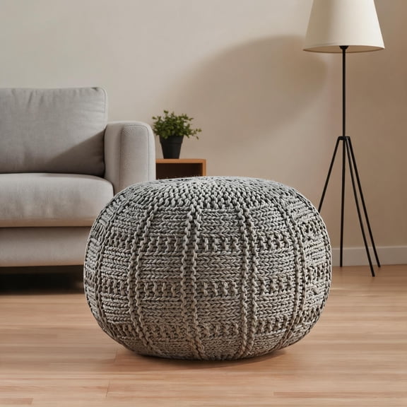 Neutral Gray Knitted Cotton 20 x 20 Inch Round Pouf, Extra Seating Footrest for Modern Indoor Home Decor