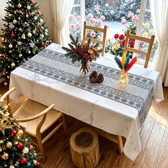 Neutral Gray Modern Damask Marble Print Tablecloth, Casual Dining Backyard Cottage Decor, Stylish Home Textile, Thanksgiving Christmas Gift
