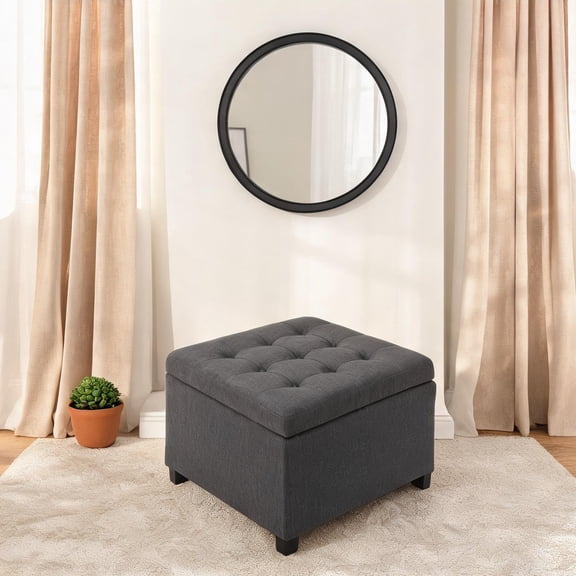 Neutral Gray Tufted Storage Ottoman Square Extra Seating for Living Room Entryway Bedroom with Flip Top Storage