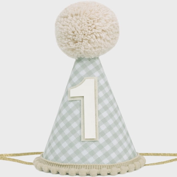 Neutral Green First Birthday Party Hat with Gingham Pattern 1 Pack