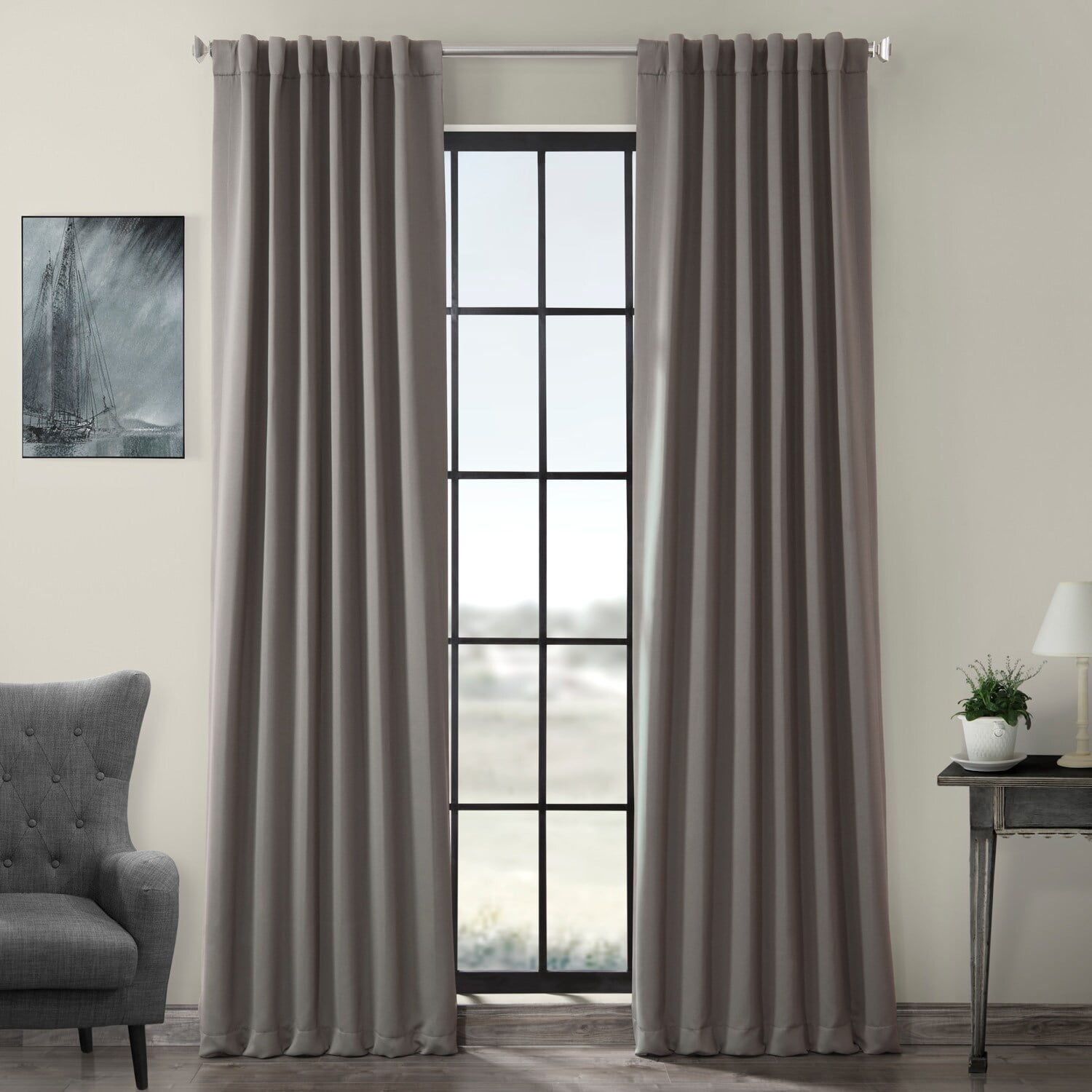 Neutral Grey Polyester Blackout Puddle Length Drapes