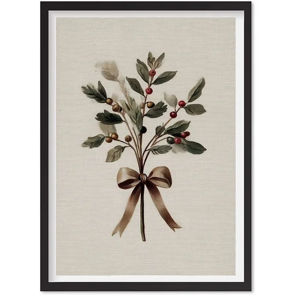 Neutral Holly Berry Holiday Wall Art - Vintage French Country Christmas Poster, Matte Canvas Stretched, Posters for Room Bedroom Living Room Bathroom Wall Decor, Posters & Art Prints, Gift.
