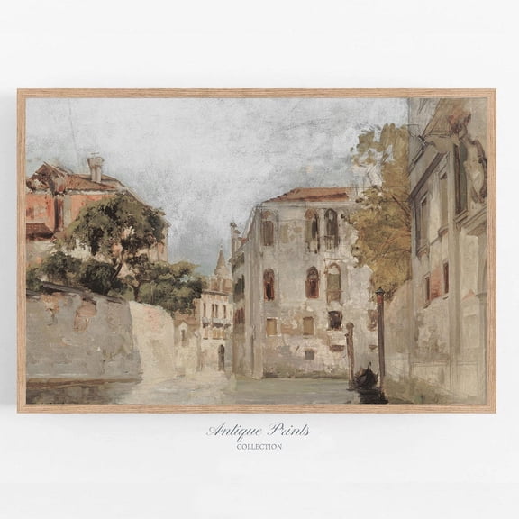 Neutral Italy, Antique Cityscape Print, Vintage Venice Canal Wall Art, Muted Architecture, Downloadable Art Print Poster, Stretched Canvas Size 8x12