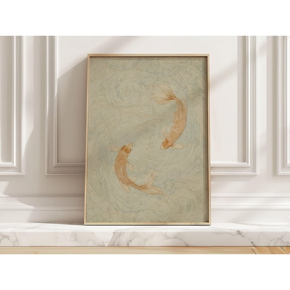 Neutral Japanese Koi Fish Soft Blue Beige Coastal Art For Bathroom Modern Minimalist Twin Fish Wall Art, Unframed Paper Print