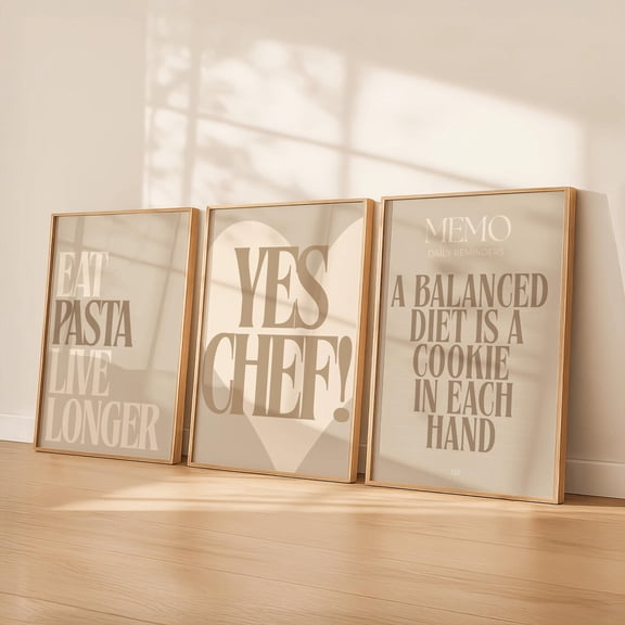 Neutral Kitchen Wall Art Yes Chef Eat Pasta Live Longer Kitchen Beige Typography Set 3 Stretched Canvas 16x24