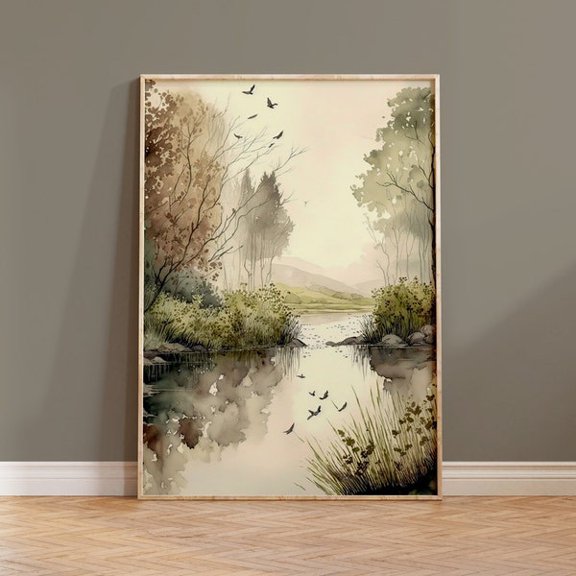 Neutral Lake Print: Boho River Landscape Art, Unframed Paper Poster 8x10in