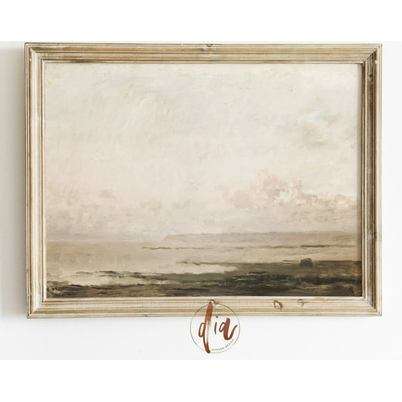 Neutral Landscape Print, Vintage Muted Coastal Painting, Sage Green Horizontal Wall Art, Warm Room Aesthetic, Ocean Art Print Wall Art, Modern Wall Decor, 8x12 UNFRAMED