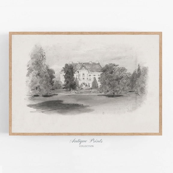 Neutral Landscape Sketch Art, Vintage Cottage Drawing, Antique Nature Print, Neutral Country Sketch, Unframed Paper Print