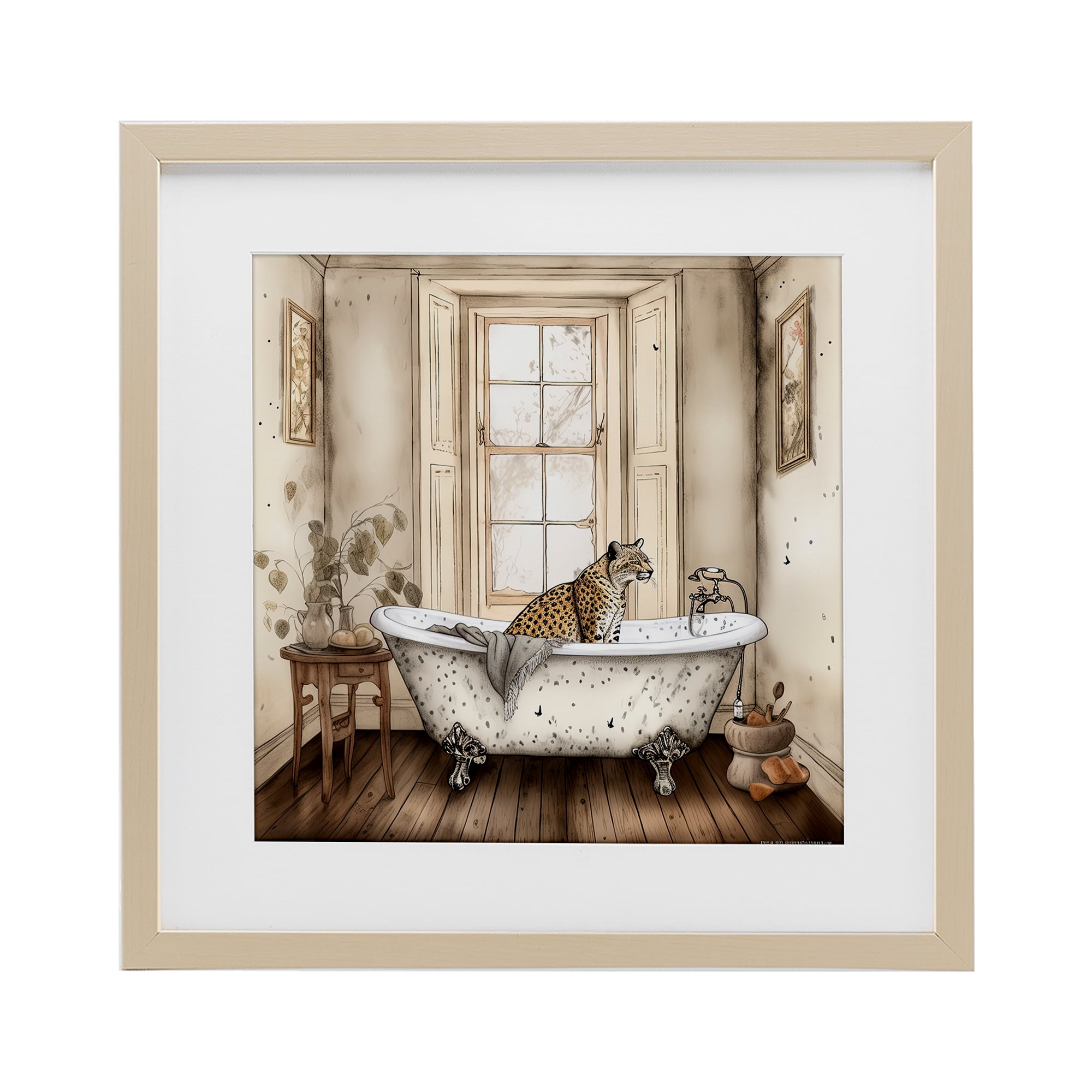 Neutral Leopard Bathtime Birch Framed Print Under Glass, design by Sasha
