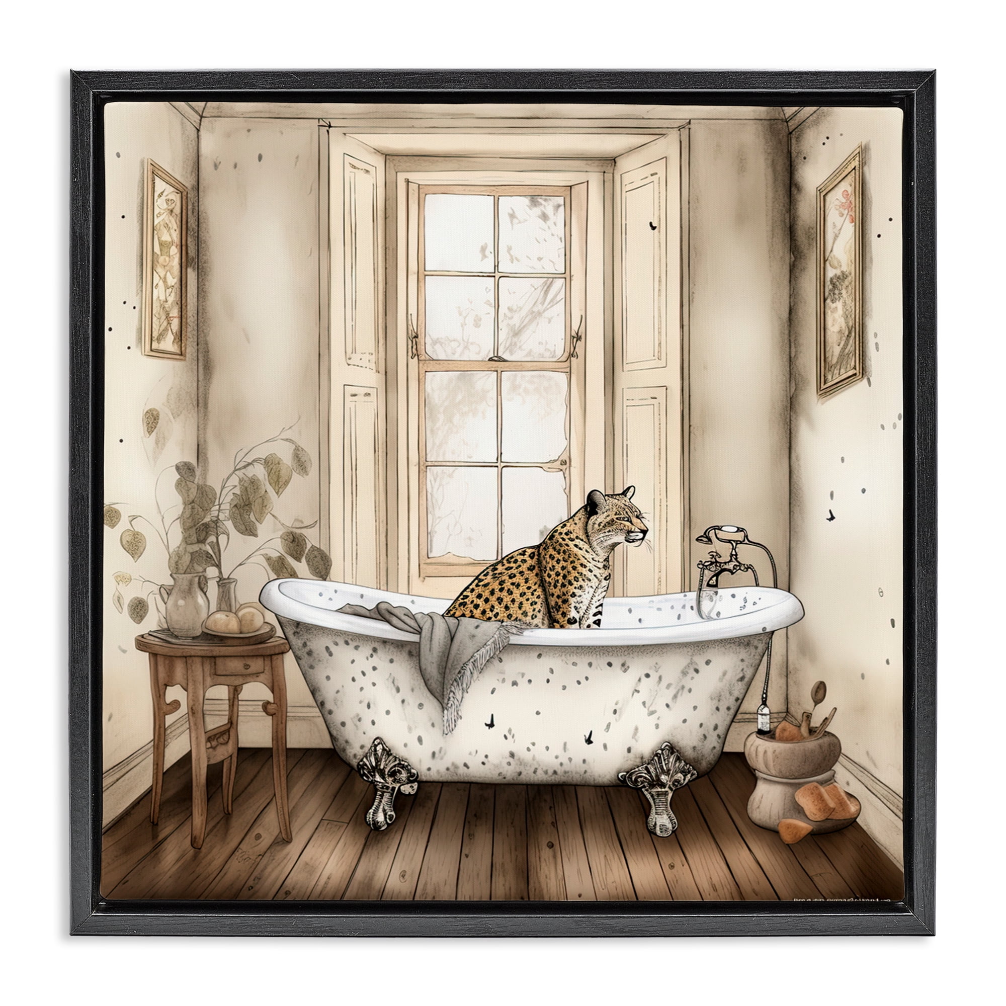Neutral Leopard Bathtime Black Framed Floater Canvas Wall Art, design by Sasha