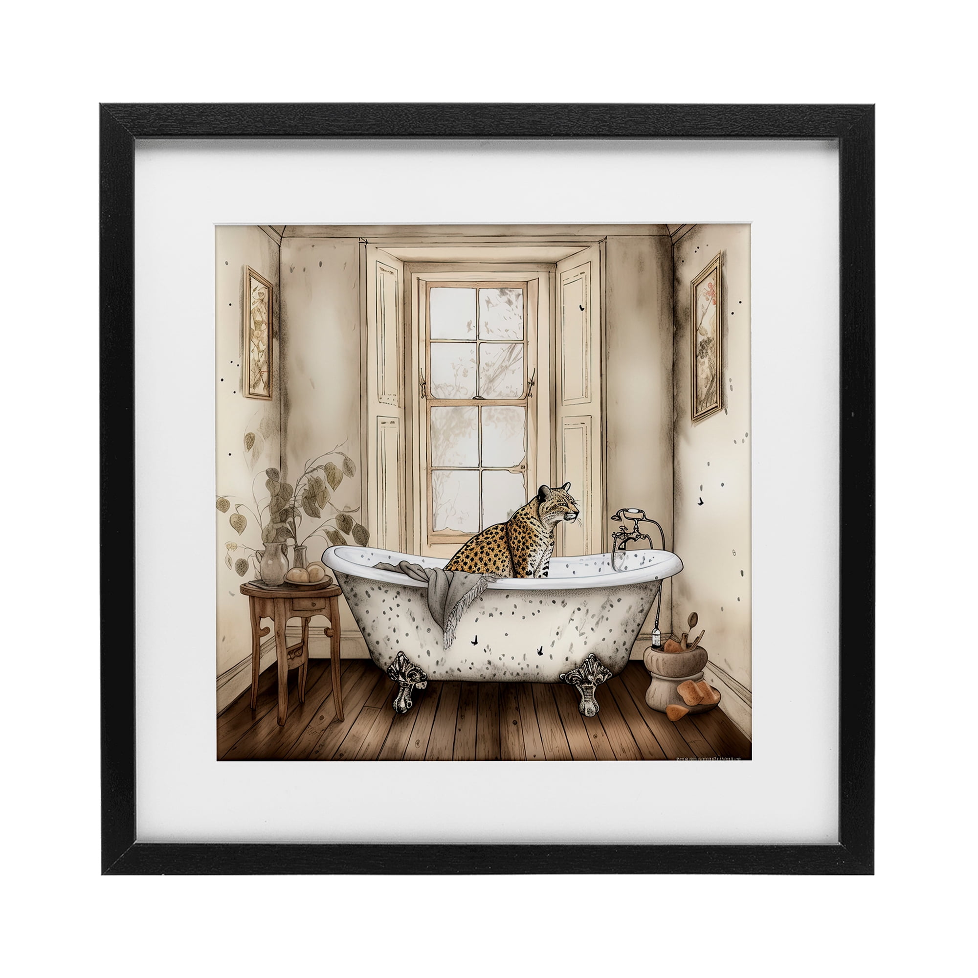 Neutral Leopard Bathtime Black Framed Print Under Glass, design by Sasha