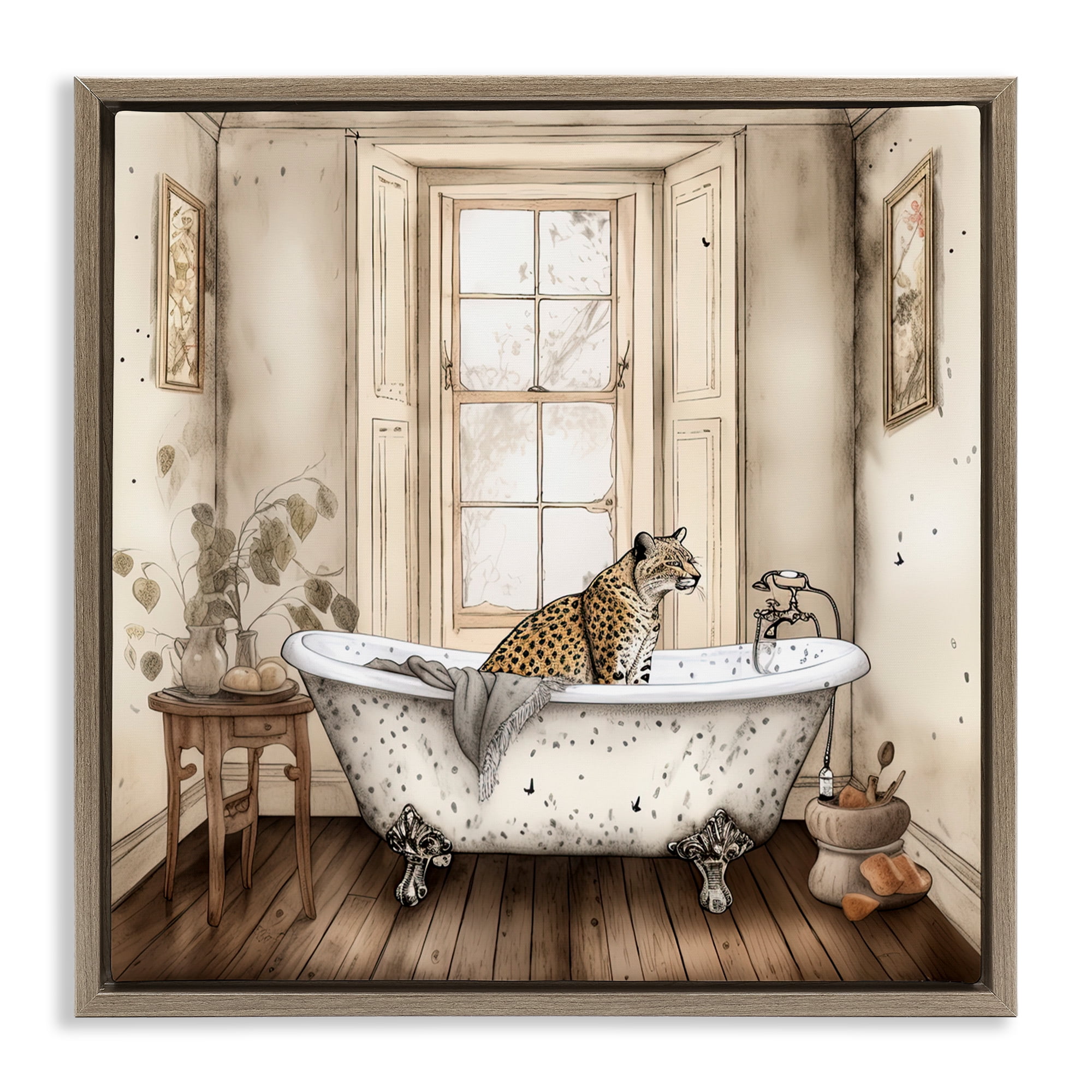 Neutral Leopard Bathtime Brown Framed Floater Canvas Wall Art, design by Sasha