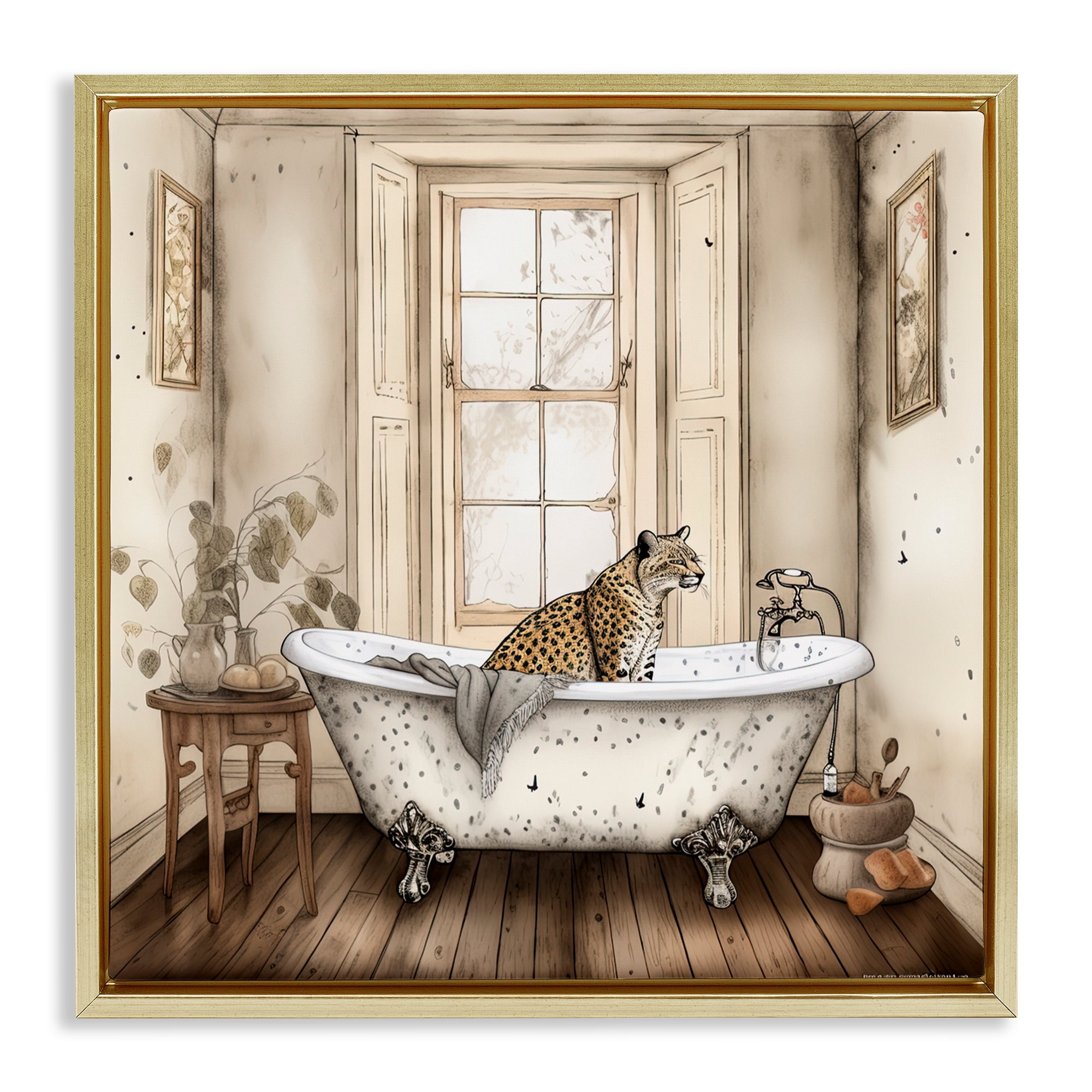 Neutral Leopard Bathtime Gold Framed Floater Canvas Wall Art, design by Sasha