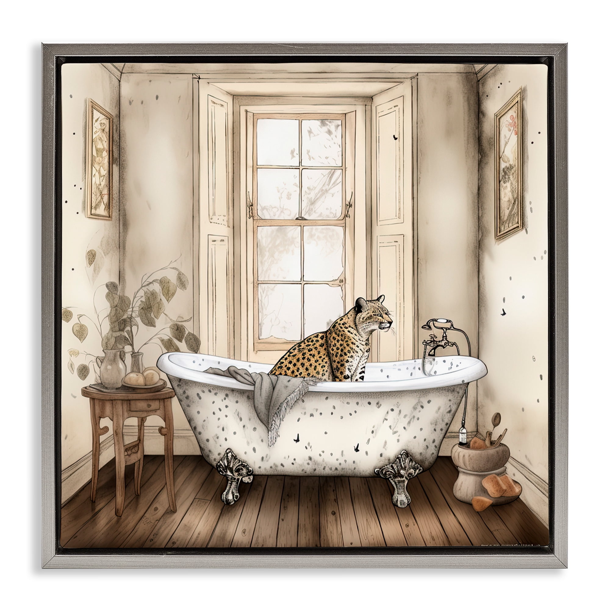 Neutral Leopard Bathtime Gray Framed Floater Canvas Wall Art, design by Sasha