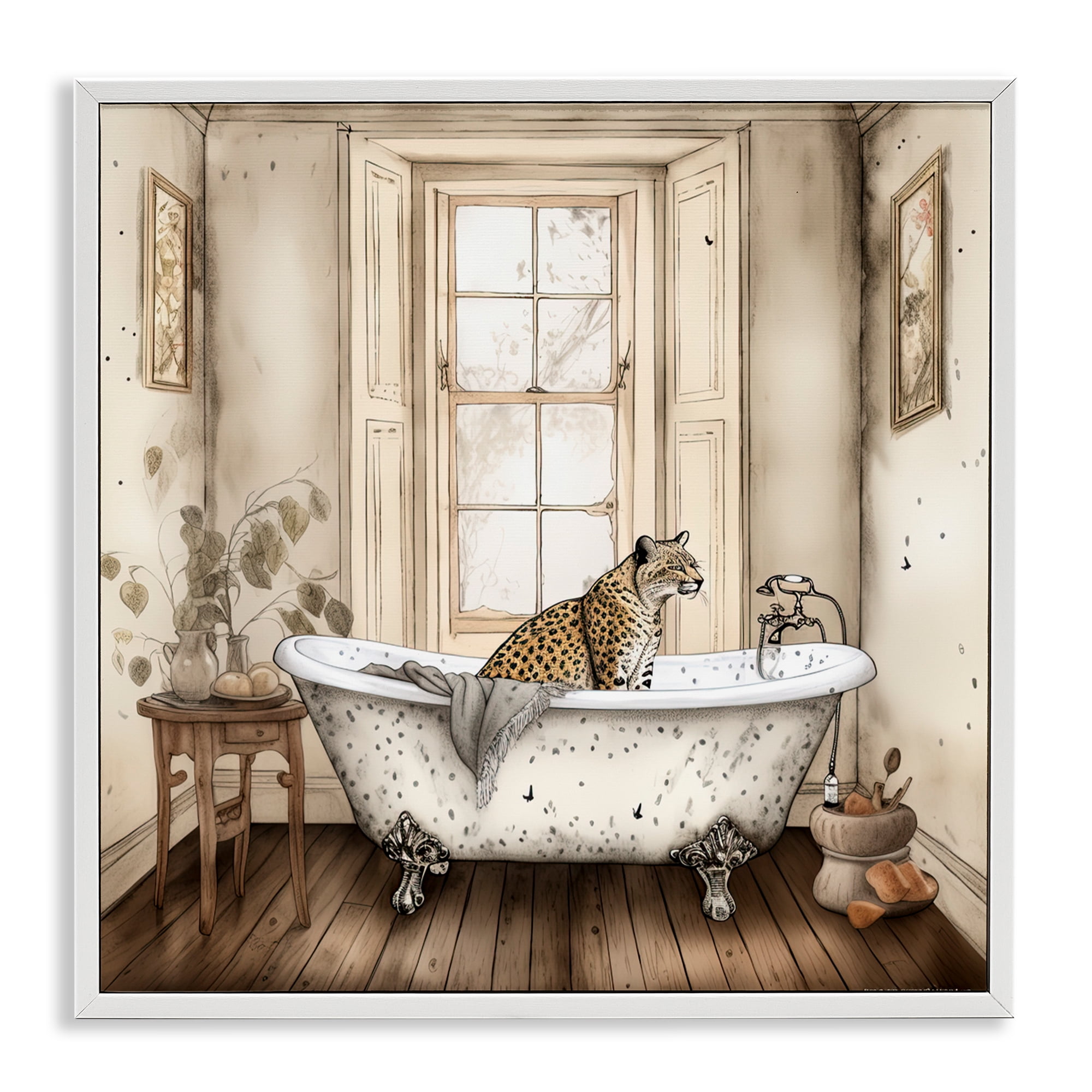 Neutral Leopard Bathtime White Framed Giclee Art, design by Sasha