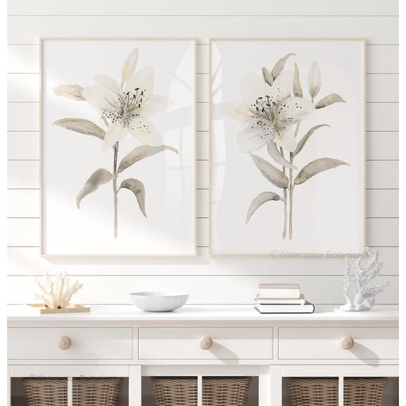 Neutral Lily Botanical Minimalist Baby Girl Nursery Decor Set 2 Stretched Canvas 16x24