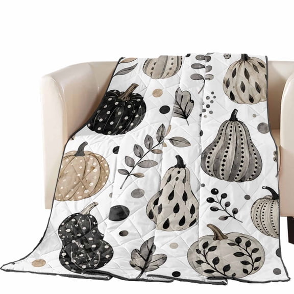 Neutral Line-art Pumpkins Quilted Comforters Cooling Blanket Oversized King Size, Rustic Fall Polka Dot Gourd Leaf Cold Comfort for Hot Sleepers Lightweight Air Conditioning Quilt Blanket for Bed