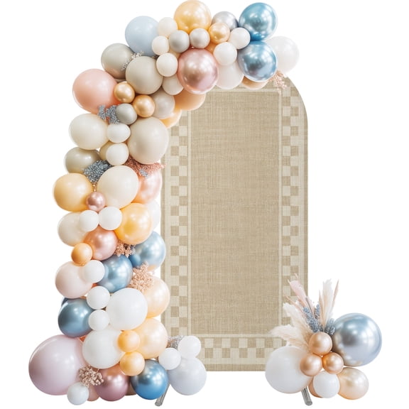 Neutral Linen Beige Checkered Border Wedding Arch Backdrop Cover 5FT ,Spandex Fitted Organic Textured Aesthetic Wedding Arch Covers Round Top Chiara Arches Backdrop Stand Cover for Birthday Party
