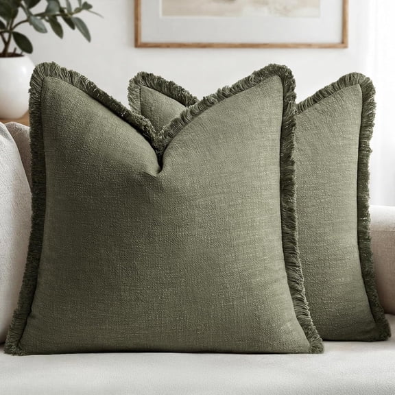 PLERISE 18x18 Inch Olive Green Linen Fringe Pillow Covers, Set of 2 Boho Farmhouse Cushion Covers with Tassels for Couch