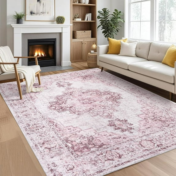 Neutral Living Room Rugs 2*6ft/5*7ft/6*9ft/8*10ft/9*12ft/10*13ft Washable, Soft Vintage Large Area Rugs for Bedroom Boho Farmhouse Low Pile Non-Slip Indoor Carpet Rugs for Living Room Dining Room Home