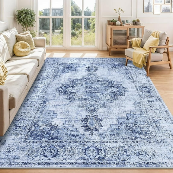 Neutral Living Room Rugs 2*6ft/5*7ft/6*9ft/8*10ft/9*12ft/10*13ft Washable, Soft Vintage Large Area Rugs for Bedroom Boho Farmhouse Low Pile Non-Slip Indoor Carpet Rugs for Living Room Dining Room Home