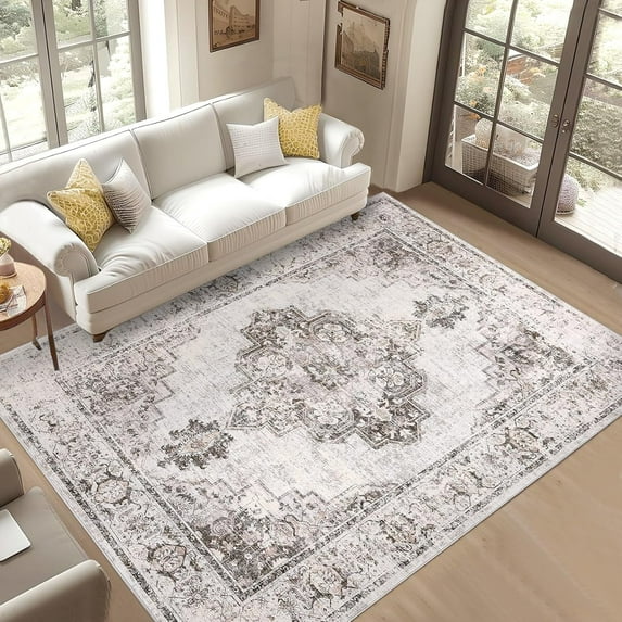Neutral Living Room Rugs 2*6ft/5*7ft/6*9ft/8*10ft/9*12ft/10*13ft Washable, Soft Vintage Large Area Rugs for Bedroom Boho Farmhouse Low Pile Non-Slip Indoor Carpet Rugs for Living Room Dining Room Home