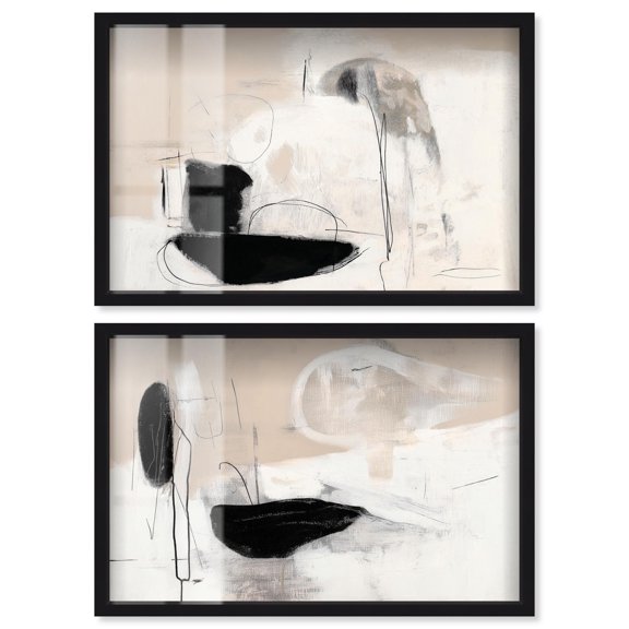 Neutral Luxe Abstract Pair Shadowbox Print Boho Wall Decor by Art Remedy, Black Frame, 15 x 10