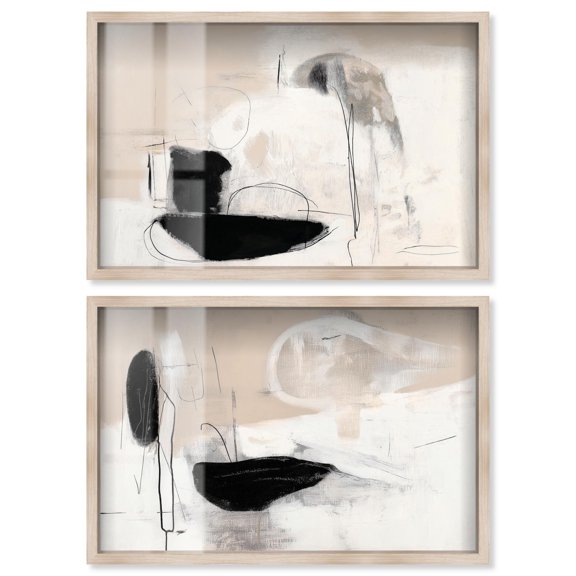 Neutral Luxe Abstract Pair Shadowbox Print Boho Wall Decor by Art Remedy, Blonde Frame, 15 x 10