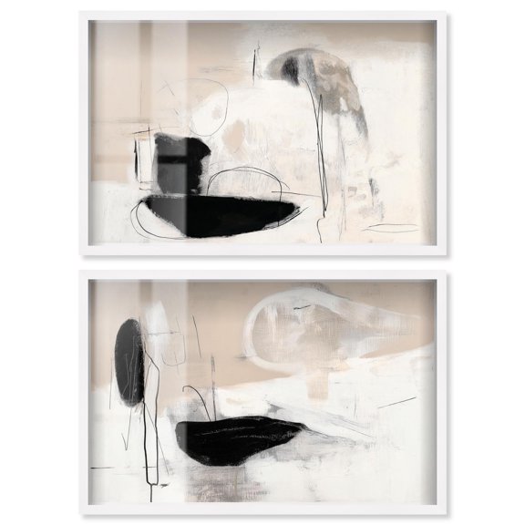 Neutral Luxe Abstract Pair Shadowbox Print Boho Wall Decor by Art Remedy, White Frame, 24 x 16