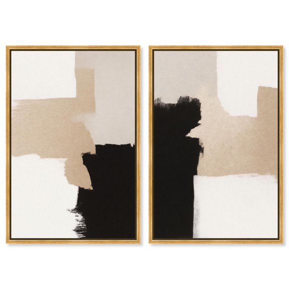 Neutral Luxe Harmony 2 Panel Set Canvas Print Boho Wall Art by Art Remedy, Gold Frame, 20 x 30