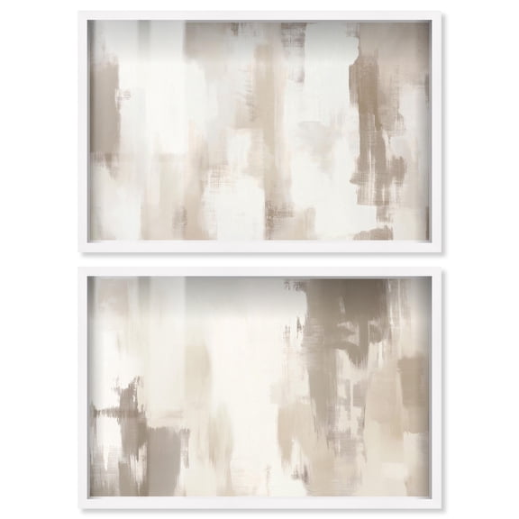 Neutral Luxe Living Room Abstracts Duo Shadowbox Print Boho Wall Decor by Art Remedy, White Frame, 24 x 16