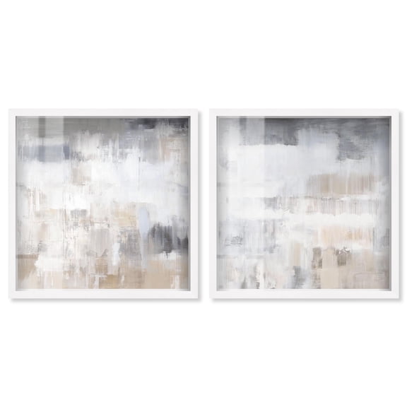 Neutral Luxe Minimalist 2 Panel Set Shadowbox Print Abstract Wall Art by Art Remedy, White Frame, 13 x 13