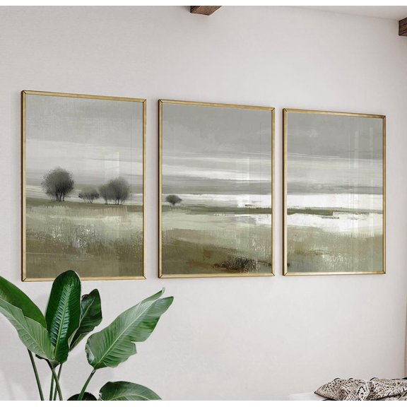 Neutral Meadow Landscape Minimalist Countryside Wall Art Rustic Tree Nature Trio Set 3 Unframed Paper Print