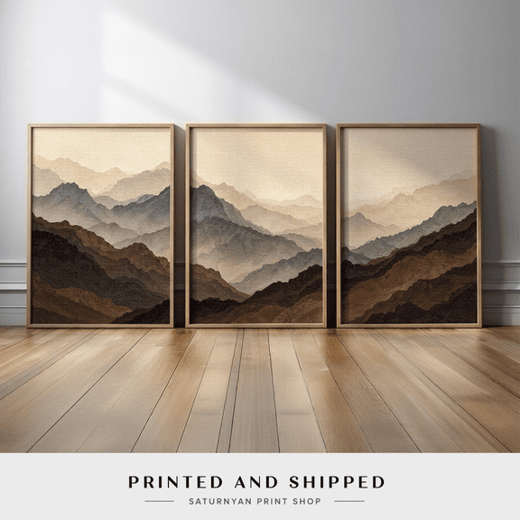 Neutral Misty Mountain Layered Landscape Poster Set 3 Prints Set 3 , Poster Only