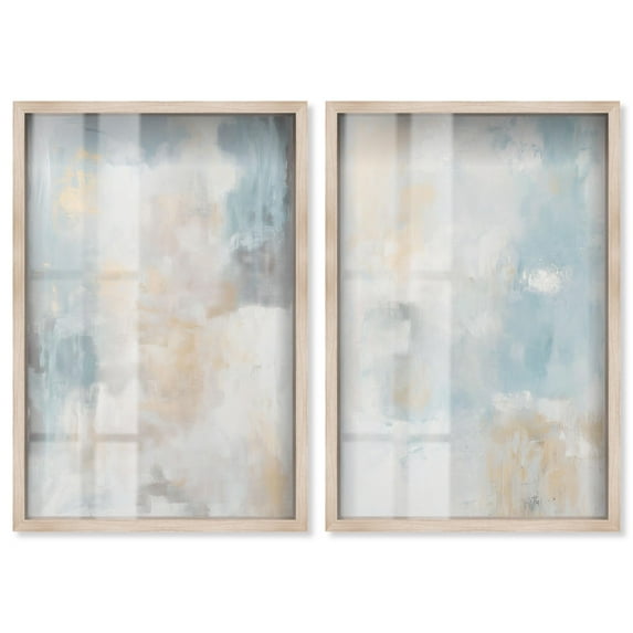 Neutral Modern Min Abstract 2 Panel Set Shadowbox Print Minimalist Wall Decor by Art Remedy, Blonde Frame, 20 x 30