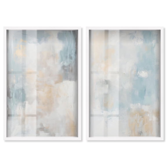 Neutral Modern Minimalist Abstract 2 Panel Set Shadowbox Print Minimalist Wall Decor by Art Remedy, White Frame, 36 x 54
