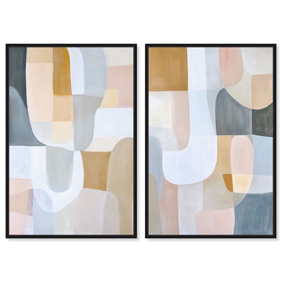 Neutral Modern Minimalist Harmony 2 Panel Set Canvas Print Living Room Wall Art by Art Remedy, Black Frame, 16 x 24