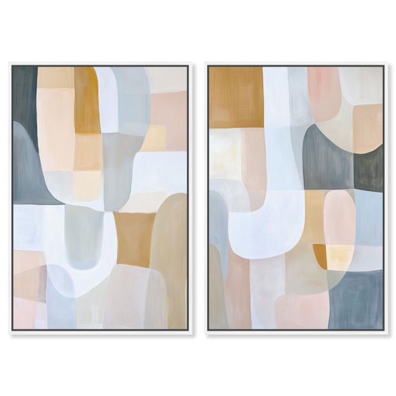 Neutral Modern Minimalist Harmony 2 Panel Set Canvas Print Living Room Wall Art by Art Remedy, White Frame, 16 x 24