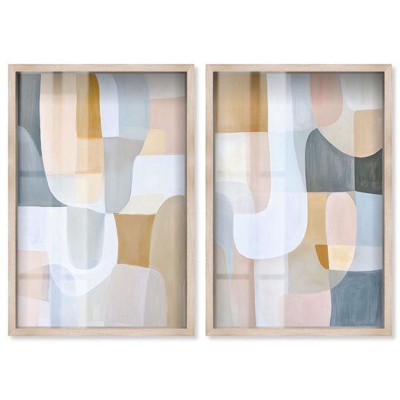 Neutral Modern Minimalist Harmony 2 Panel Set Shadowbox Print Living Room Wall Art by Art Remedy, Blonde Frame, 11 x 16