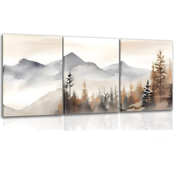 Neutral Mountain Wall Art Set of 3, Forest Landscape Canvas Artwork Modern Pictures Abstract Watercolor Painting Prints for Wall Decor Aesthetic, for Living Room Bedroom Framed 12x16 inch
