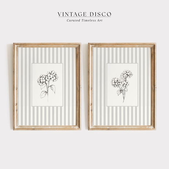 Neutral Nancy Meyers Hydrangea Sketch Set Of 2 French Country Cottagecore Decor, Vintage Floral, Striped Botanical, Modern Wall Decor Set 2 Prints, Poster Only