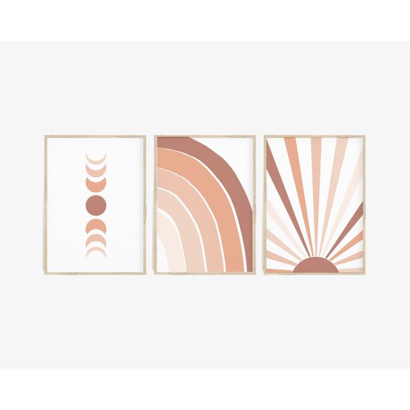 Neutral Nursery Print Set Abstract Sun Moon Phases Rainbow Boho Art Set 3 Unframed Paper Print 8x12
