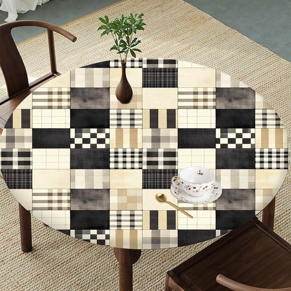 Neutral Patchwork Plaid Round Tablecloth – Fitted Circle Table Cover with Elastic Edge, Waterproof & Washable Polyester Table Cloth for 43" to 54" Indoor/Outdoor Tables