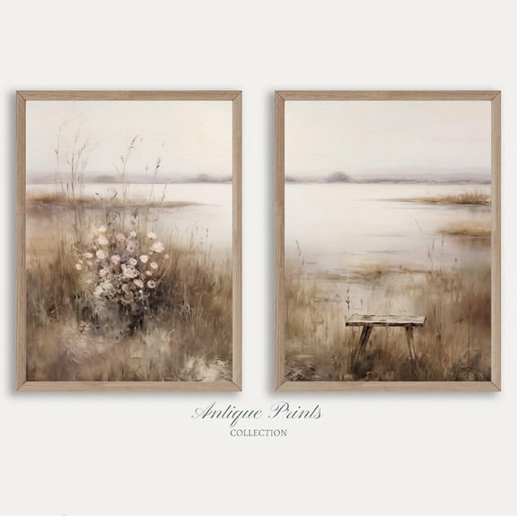 Neutral Pond Split Landscape Vintage Rustic Farmhouse Wall Art Set 2 Stretched Canvas 8x12