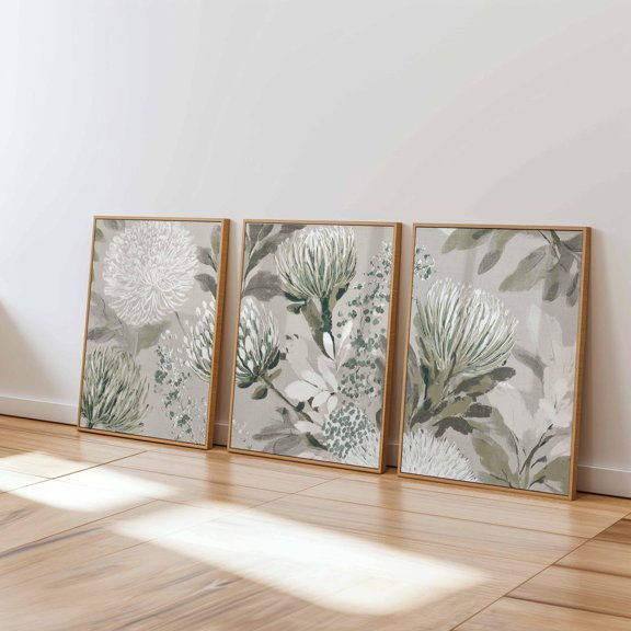 Neutral Protea Art Prints Beige & Sage Green Botanical Set Set 3, Poster Only