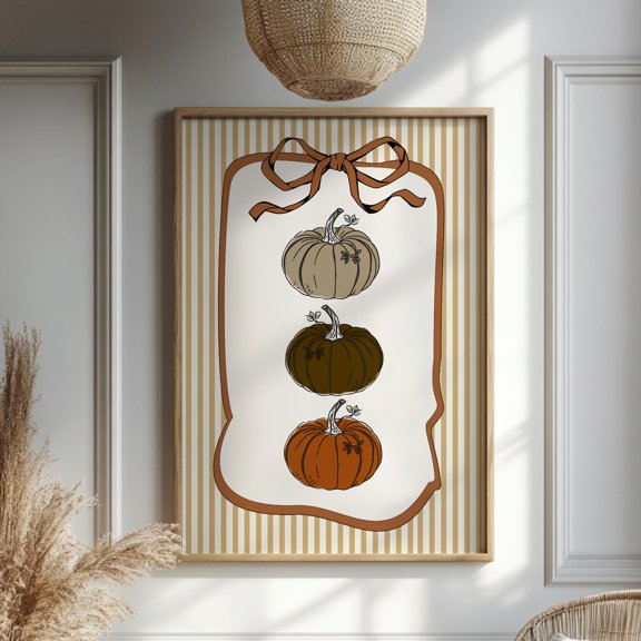 Neutral Pumpkin Wall Art Autumn Trio Fall Decor With Ribbon Bow Rustic Farmhouse Thanksgiving Kitchen Vertical Poster , Poster Print Only