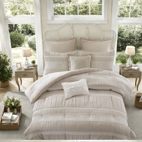Neutral Queen Jacquard Bedding Set 7Piece Polyester Comforter with Shabby Chic Style for Cozy Bedrooms
