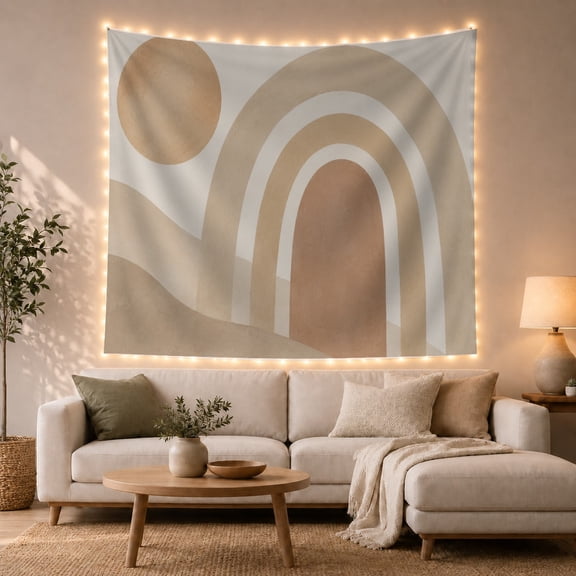 Neutral Rainbow Arch in Layered Hills on Cream Background, Calming Minimalist for Boho Decor Lovers, Soft Geometric Wall Art, Housewarming Gift, Tapestry Wall Hanging for Living Room and Bedroom