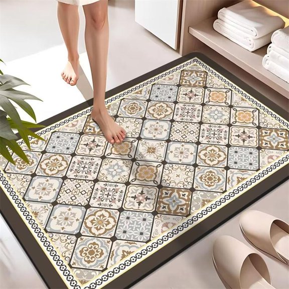 Neutral Retro Floral Square Tile Patchwork Flannel Non Slip Washable Floor Rug Home Decor