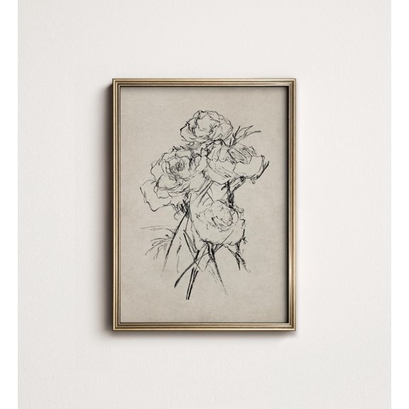 Neutral Roses Sketch Rustic French Country Elegant Decorative Design Statement Accent Wall Decor
